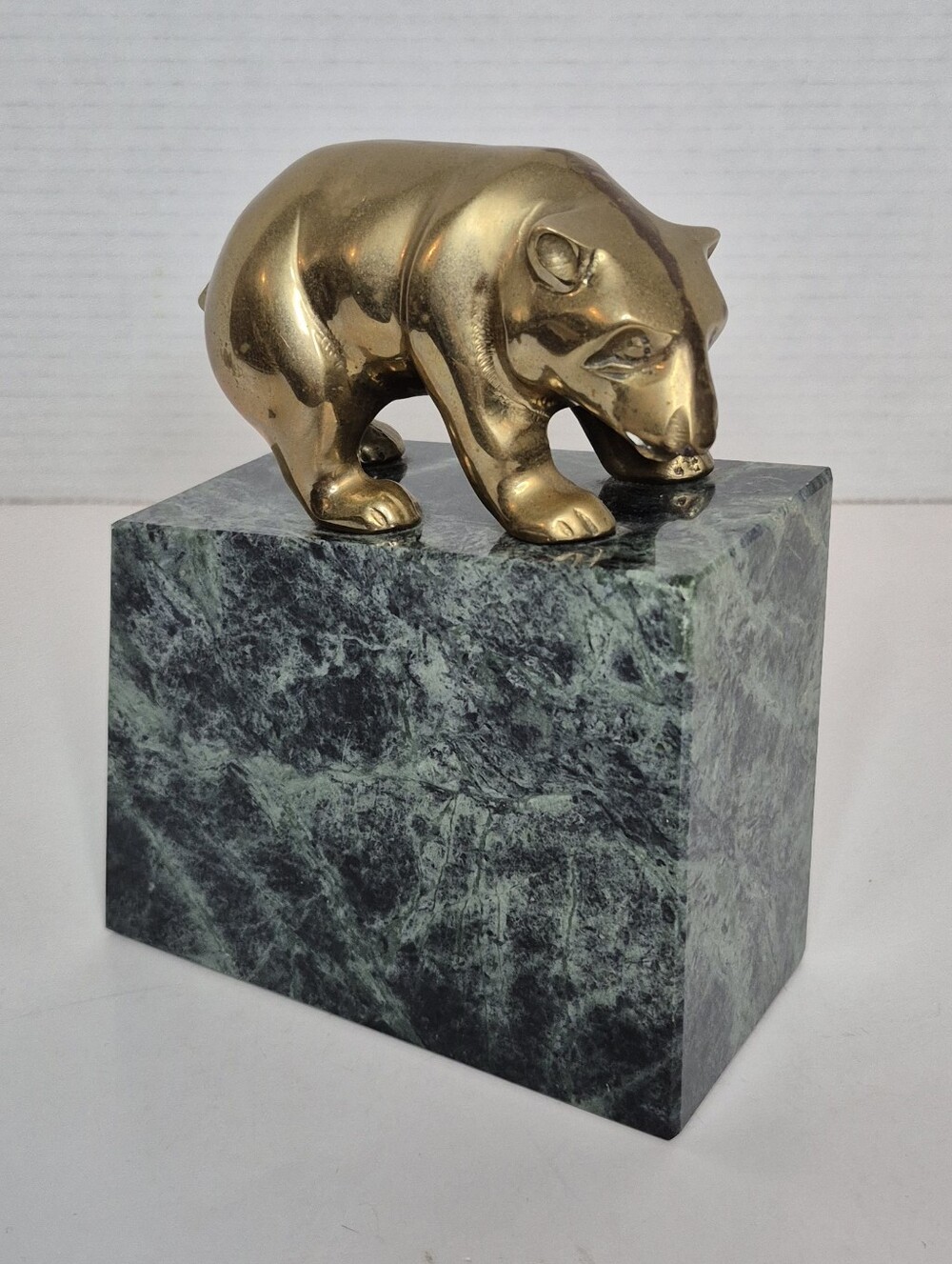 Vintage Gatco Solid Brass Bear on Green Marble Block Bookend NYSE Plaque
